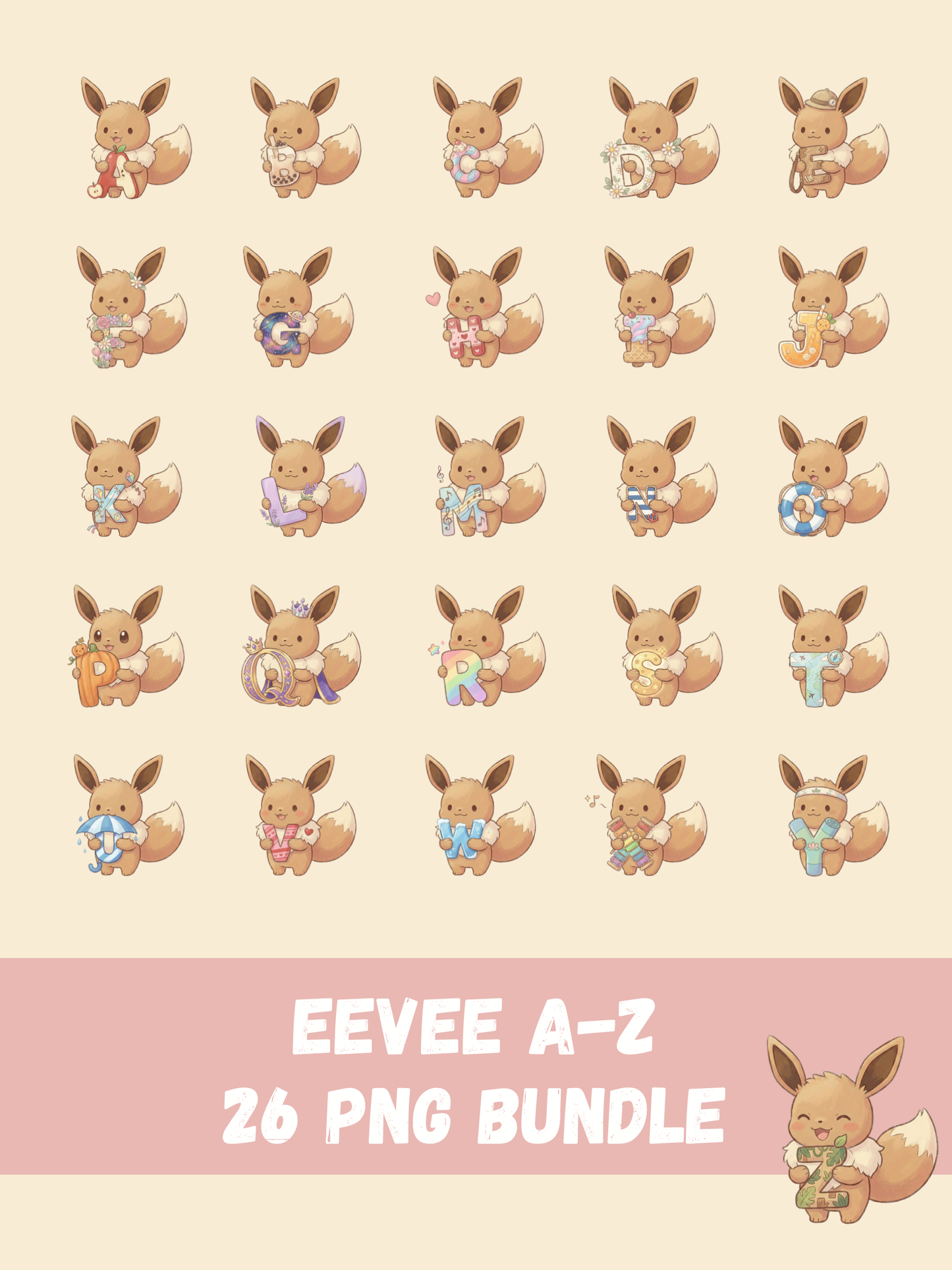 Eevee A-Z Alphabet Pack, 26 Letter Clipart Set, Chibi Cute Kawaii Eevee, ABC Learning, Digital Download