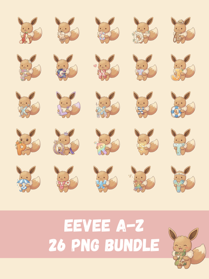Eevee A-Z Alphabet Pack, 26 Letter Clipart Set, Chibi Cute Kawaii Eevee, ABC Learning, Digital Download