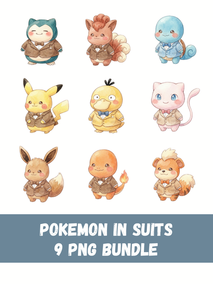 Gen 1 In Suits PNG Bundle, 16 Popular Kanto Pokémon Clipart, Business Outfit Cute Watercolor Kawaii PNG, Digital Download