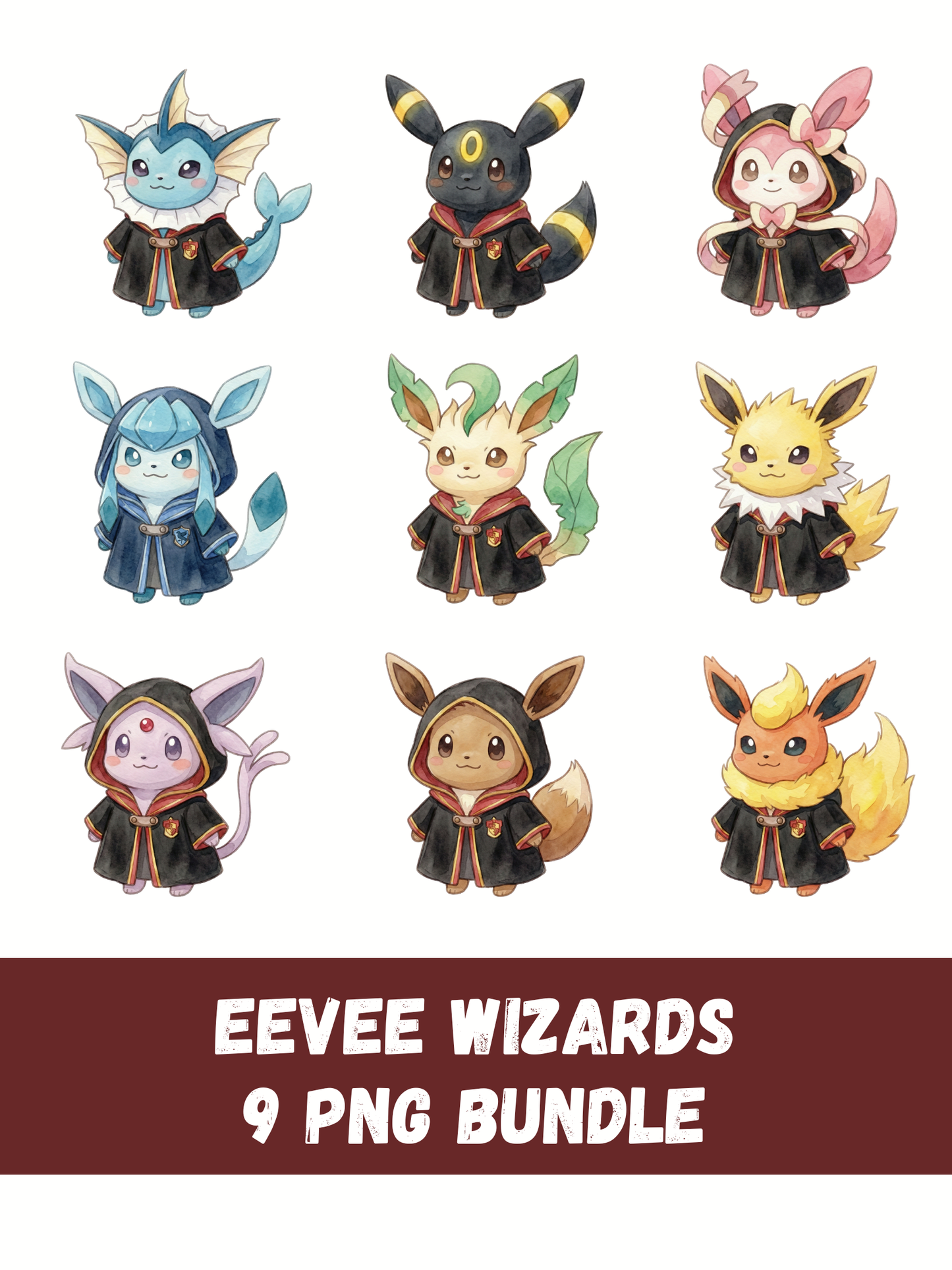 Eeveelutions Magic School PNG Bundle, Wizard Outfit Pokémon Clipart, Cute Watercolor Kawaii PNG, Digital Download