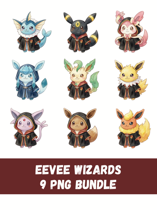 Eeveelutions Magic School PNG Bundle, Wizard Outfit Pokémon Clipart, Cute Watercolor Kawaii PNG, Digital Download