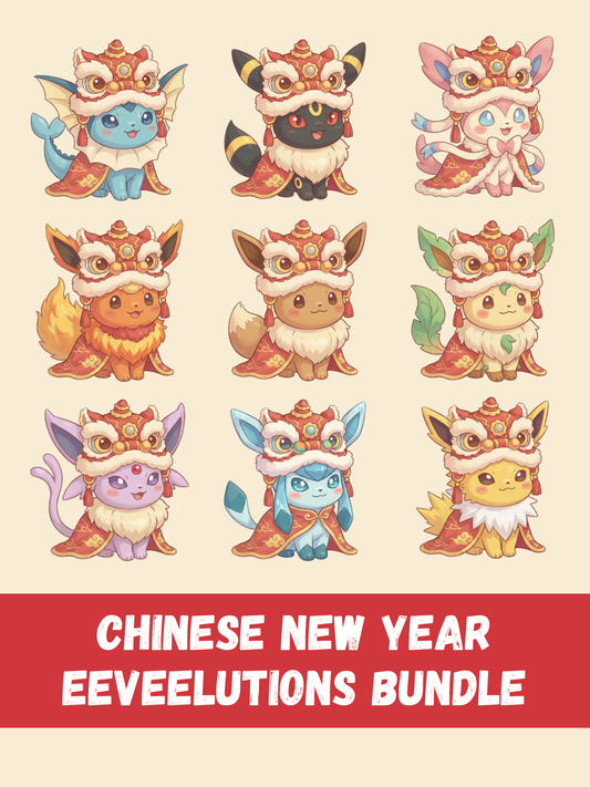 Eeveelutions Chinese New Year PNG Pack, 9 Eevee Evolutions, Chibi Kawaii Clipart, Lion Dance Costume, Anime PNG