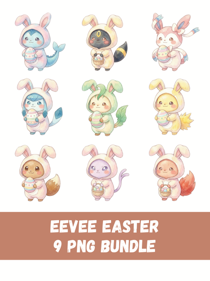 Easter Eeveelutions PNG Bundle, Bunny Onesie Pokémon Clipart, Cute Watercolor Kawaii Easter PNG, Spring Digital Download