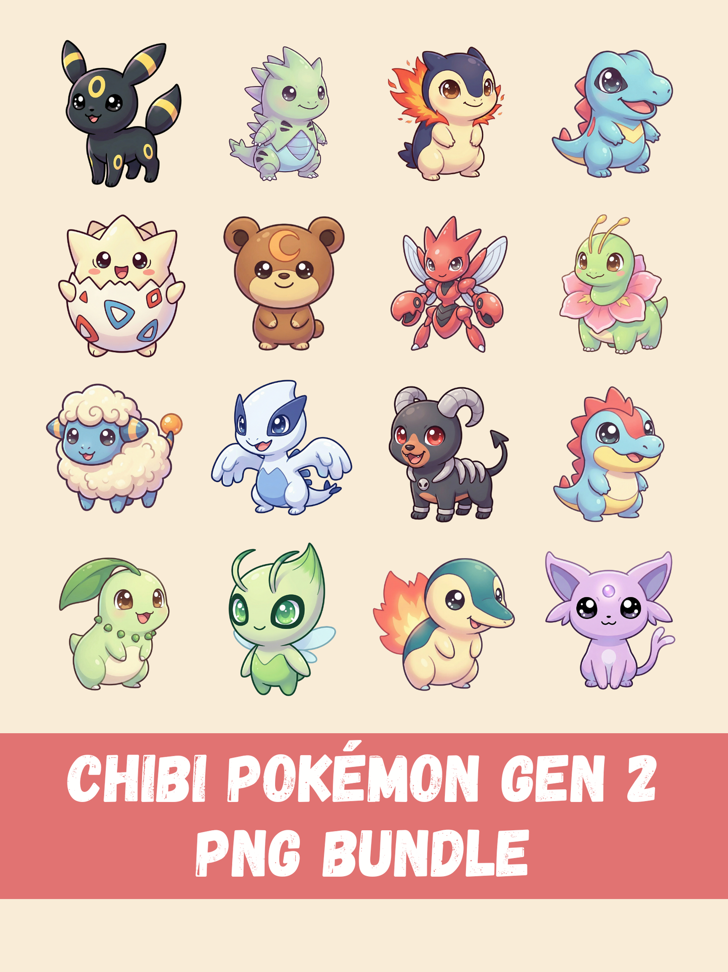 Chibi Gen 2 Pokemon PNG Bundle, 16 Popular Johto Pokemon, Transparent PNG, Instant Digital Download, Stickers Sublimation Crafts
