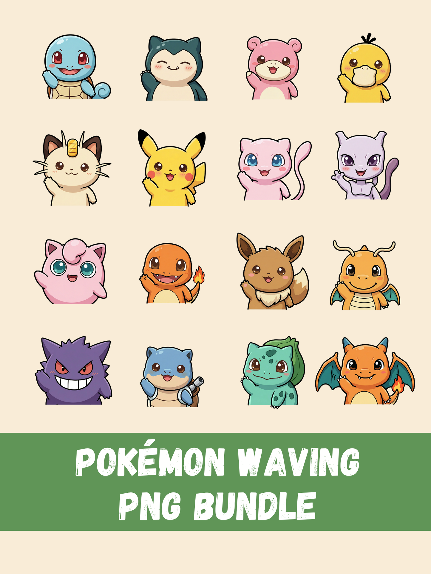 Waving Chibi Pokemon PNG Bundle, 16 Cute Kawaii Designs, Transparent PNG Clipart, Instant Digital Download, Stickers Sublimation