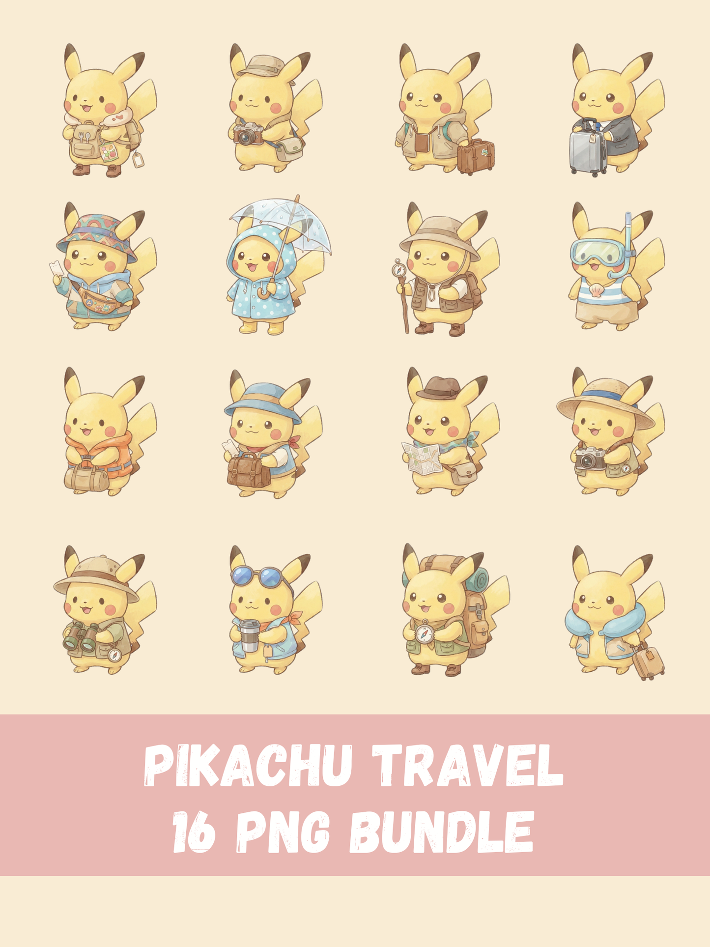 Pikachu Travel PNG Pack, 16 Travel Pikachu Designs, Chibi Cute Kawaii Clipart, Vacation Adventure, Anime PNG, Digital Download