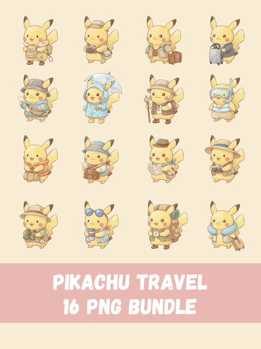 Pikachu Travel PNG Pack, 16 Travel Pikachu Designs, Chibi Cute Kawaii Clipart, Vacation Adventure, Anime PNG, Digital Download