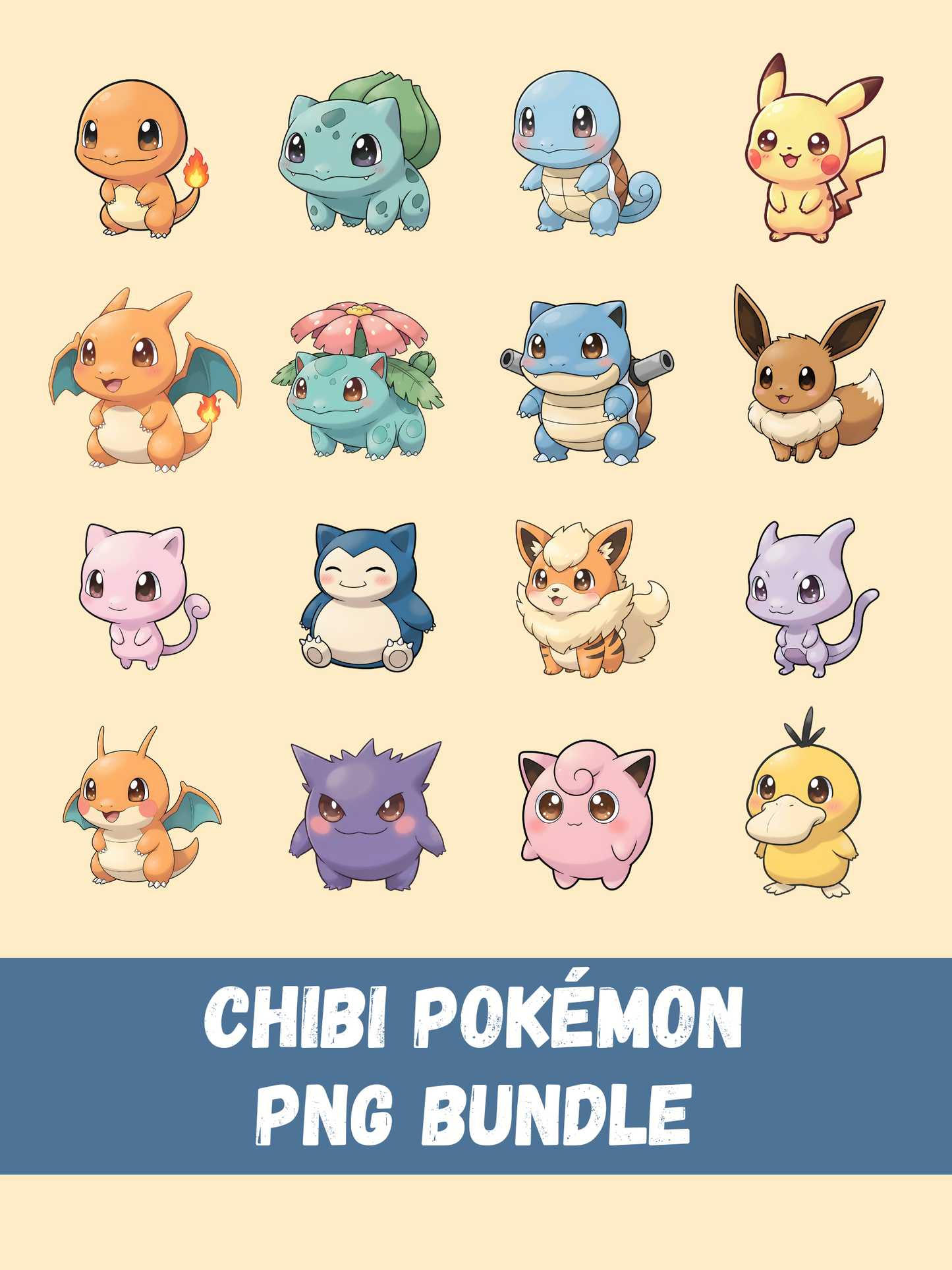 Pokémon PNG Bundle, 16 Popular Pokémon, Chibi Cute Kawaii Clipart, Anime PNG SVG, Digital Download