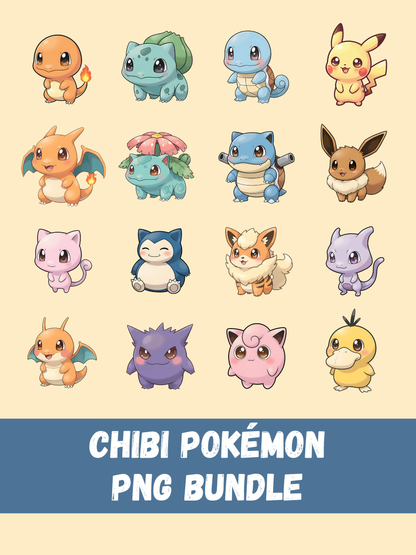 Pokémon PNG Bundle, 16 Popular Pokémon, Chibi Cute Kawaii Clipart, Anime PNG SVG, Digital Download