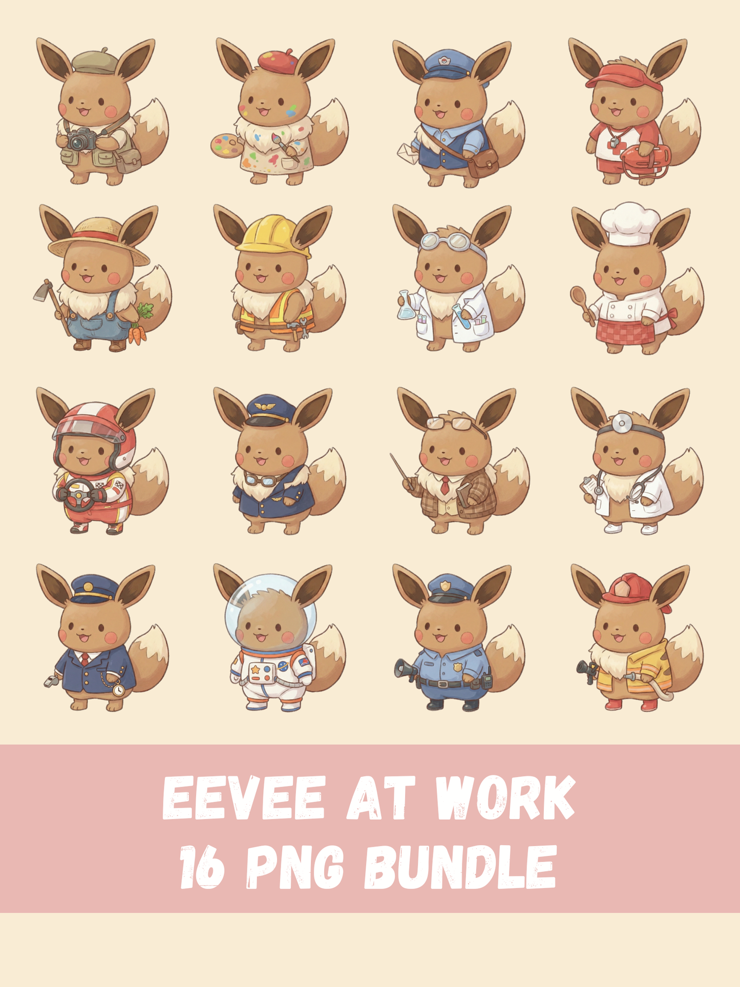 Eevee At Work PNG Pack, 16 Eevee Jobs, Chibi Cute Kawaii Clipart, Occupation Outfits, Anime PNG, Digital Download