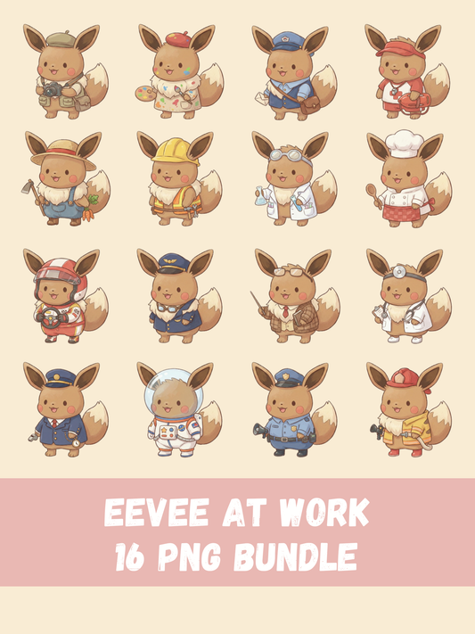 Eevee At Work PNG Pack, 16 Eevee Jobs, Chibi Cute Kawaii Clipart, Occupation Outfits, Anime PNG, Digital Download