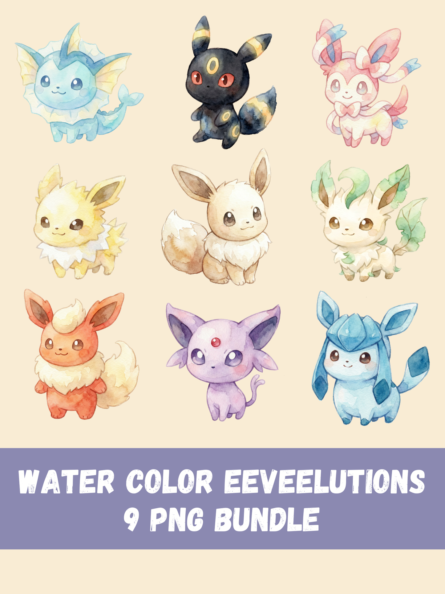 Watercolor Eeveelutions Pokemon PNG Bundle, Cute Kawaii Clipart, Eevee Evolutions Digital Download, Anime Watercolor PNG
