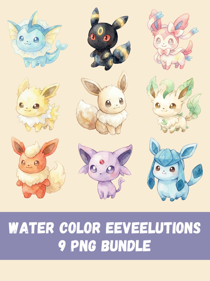 Watercolor Eeveelutions Pokemon PNG Bundle, Cute Kawaii Clipart, Eevee Evolutions Digital Download, Anime Watercolor PNG