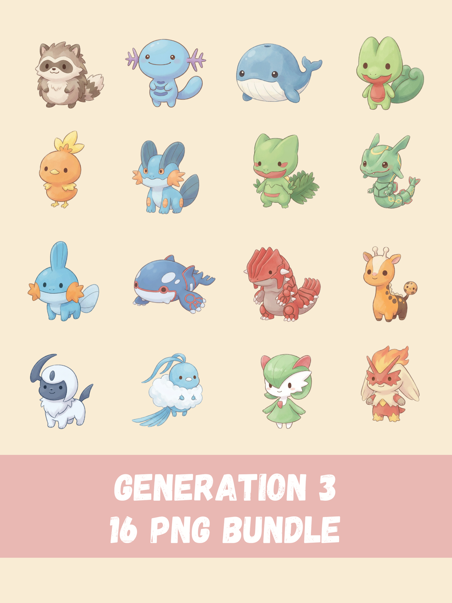 Popular Gen 3 Pokémon PNG Pack, 16 Fan Favorite Hoenn Pokémon, Chibi Cute Kawaii Clipart, Anime PNG, Digital Download