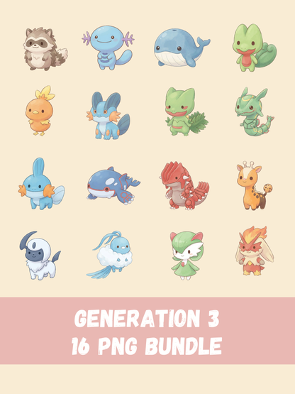 Popular Gen 3 Pokémon PNG Pack, 16 Fan Favorite Hoenn Pokémon, Chibi Cute Kawaii Clipart, Anime PNG, Digital Download