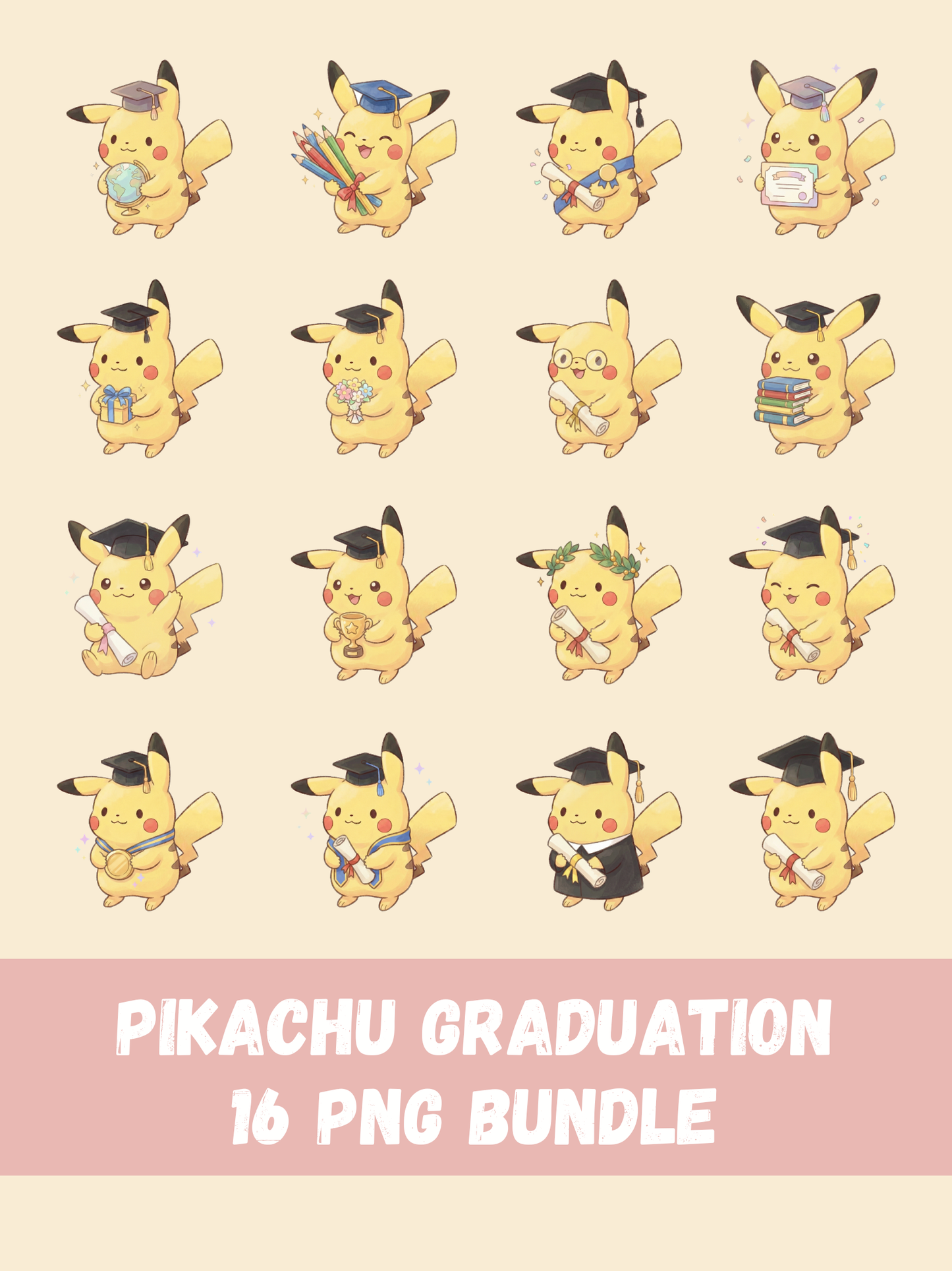 Pikachu Graduation PNG Pack, 16 Graduation Pikachu Designs, Chibi Cute Kawaii Clipart, Grad Cap Diploma, Anime PNG, Digital Download