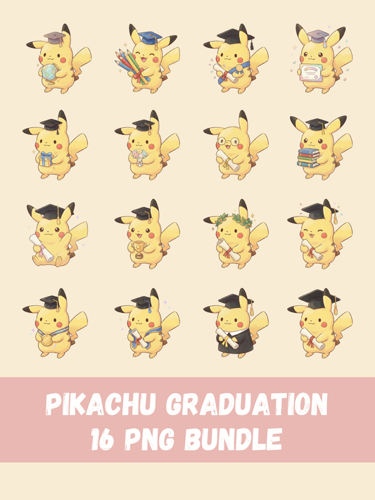 Pikachu Graduation PNG Pack, 16 Graduation Pikachu Designs, Chibi Cute Kawaii Clipart, Grad Cap Diploma, Anime PNG, Digital Download