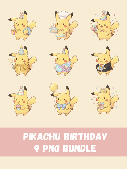 Pikachu Birthday PNG Pack, 9 Birthday Pikachu Designs, Chibi Cute Kawaii Clipart, Party Hat And Number Props, Anime PNG, Digital Download