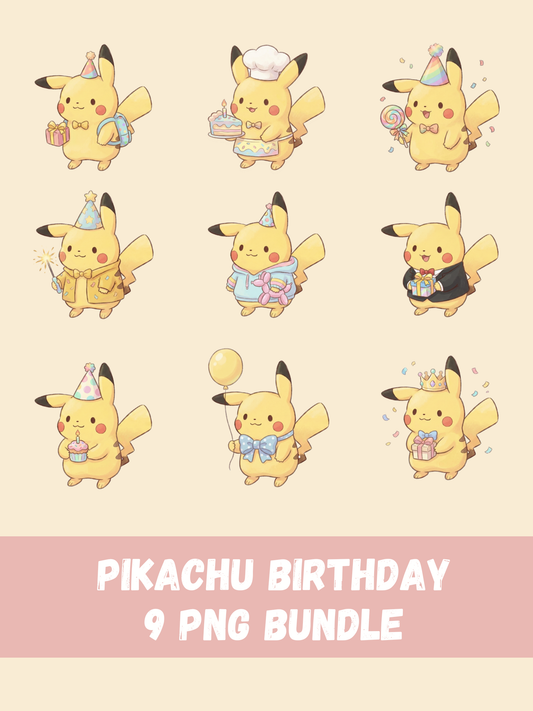 Pikachu Birthday PNG Pack, 9 Birthday Pikachu Designs, Chibi Cute Kawaii Clipart, Party Hat And Number Props, Anime PNG, Digital Download