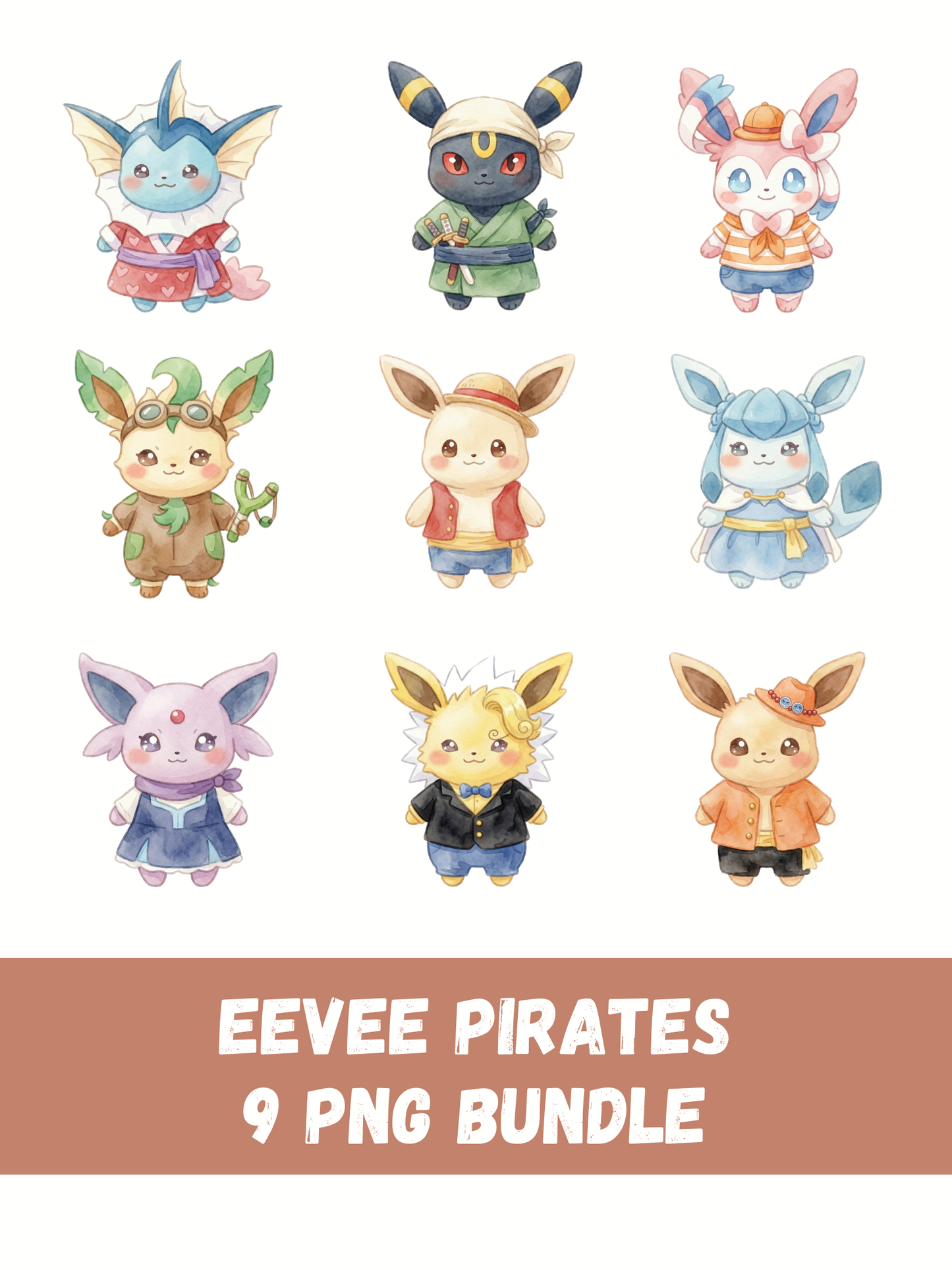 Eeveelutions Pirate Costumes PNG Pack, 9 Eevee Evolutions, Chibi Kawaii Clipart, Cute Pirate Outfits, Digital Download