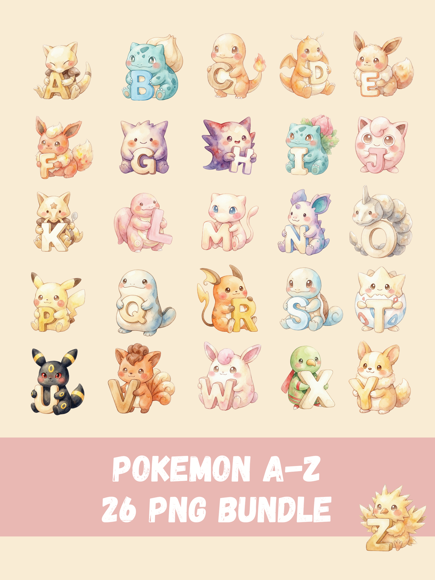 Pokemon A-Z Alphabet PNG Pack, 26 Chibi Kawaii PNGs, A to Z Letter Set, Kids Clipart, Digital Download