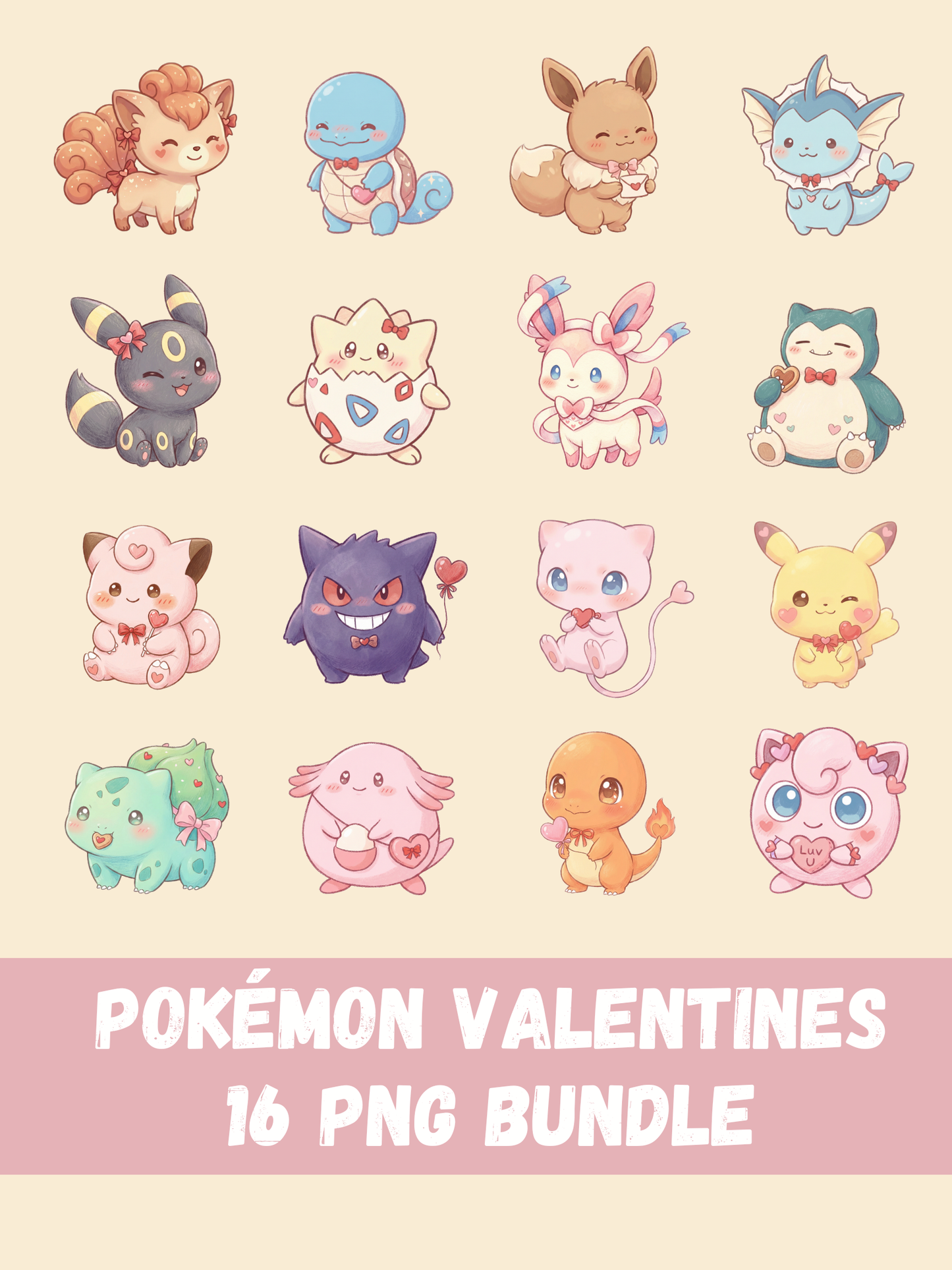 Valentines Day Pokémon PNG Bundle, 16 Chibi Cute Kawaii Clipart, Love Heart Pokemon PNG, Anime Digital Download, Sublimation Sticker Art