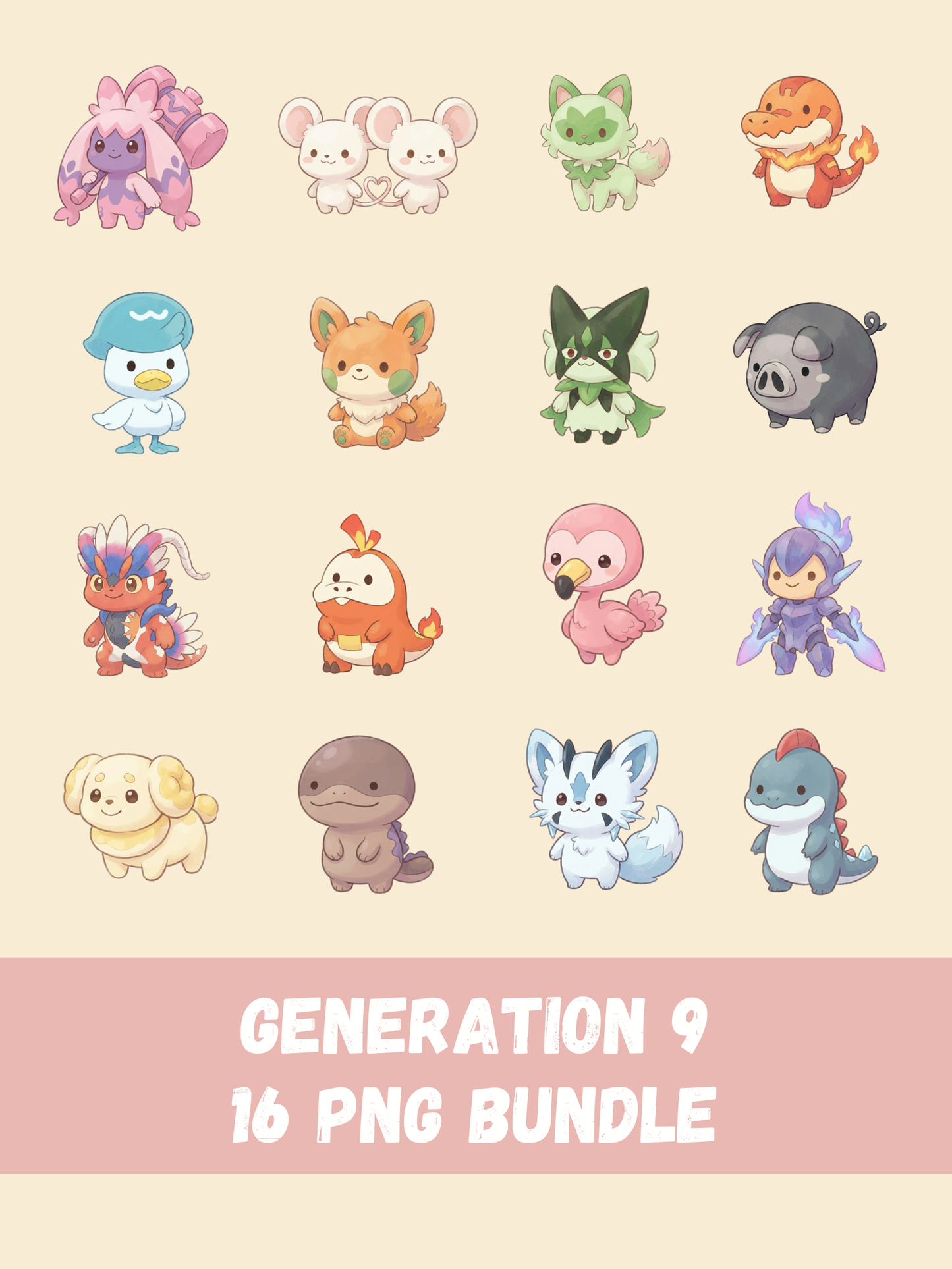 Popular Gen 9 Pokémon PNG Pack, 16 Fan Favorite Paldea Pokémon, Chibi Cute Kawaii Clipart, Anime PNG, Digital Download