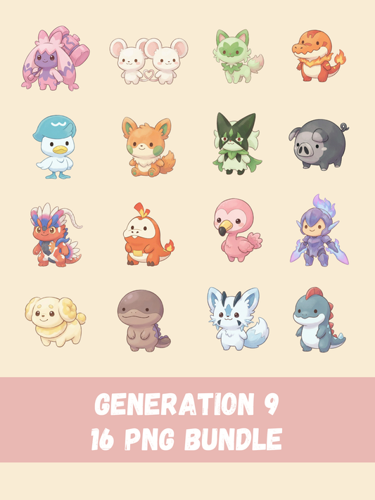 Popular Gen 9 Pokémon PNG Pack, 16 Fan Favorite Paldea Pokémon, Chibi Cute Kawaii Clipart, Anime PNG, Digital Download