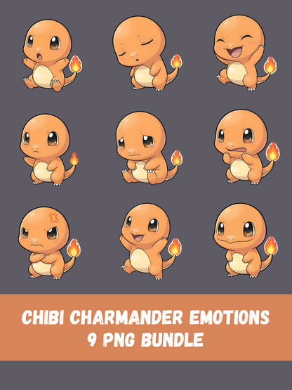 Pokémon Charmander Chibi Emotion PNG Bundle, 9 Cute Charmander Expressions, Kawaii Pokémon Clipart, Digital Download