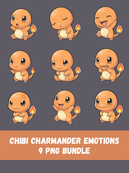 Pokémon Charmander Chibi Emotion PNG Bundle, 9 Cute Charmander Expressions, Kawaii Pokémon Clipart, Digital Download