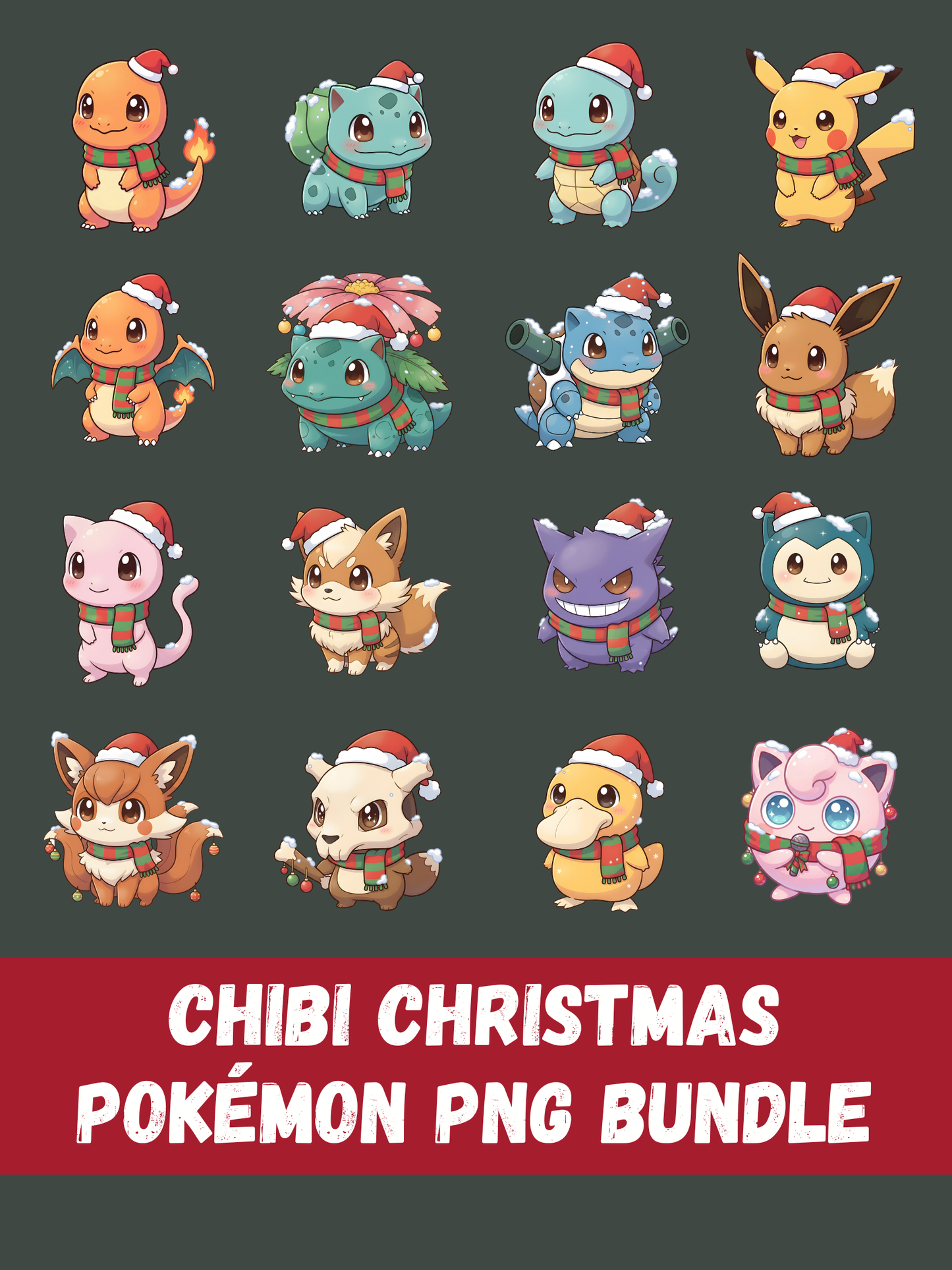 Christmas Pokémon PNG Bundle, 16 Holiday Chibi Cute Kawaii Clipart, Festive Pokémon PNG, Anime Digital Download