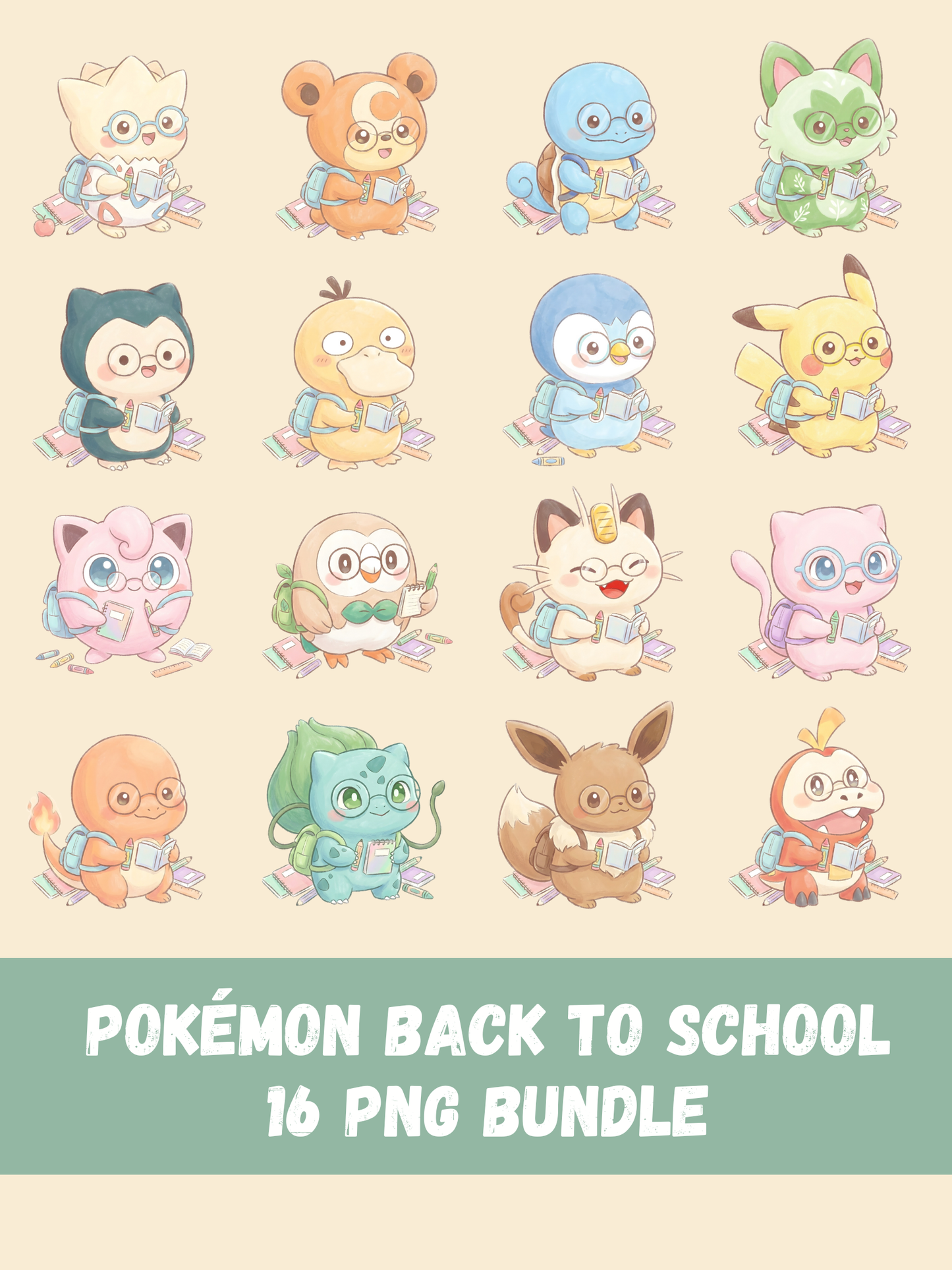 Back To School Pokémon PNG Bundle, 16 Chibi Cute Kawaii Clipart, School Theme Pokemon PNG, Anime Digital Download, Sublimation Sticker Art