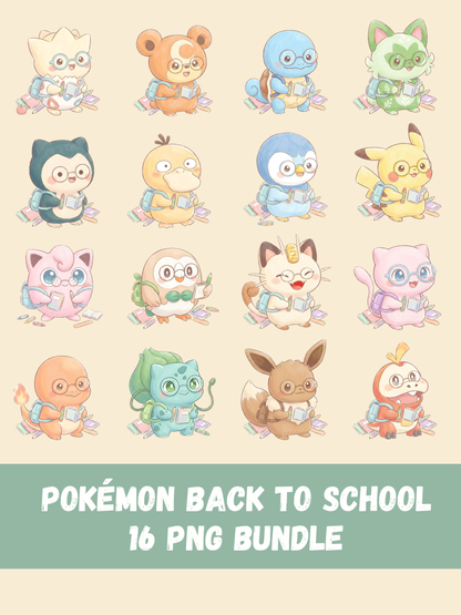Back To School Pokémon PNG Bundle, 16 Chibi Cute Kawaii Clipart, School Theme Pokemon PNG, Anime Digital Download, Sublimation Sticker Art