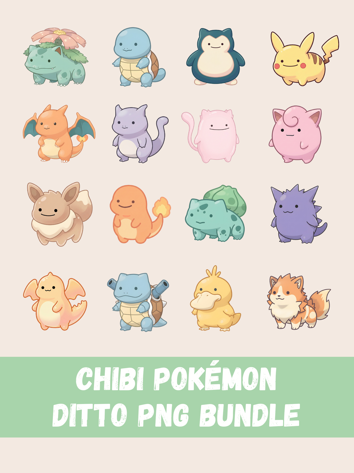 Ditto Style Pokémon PNG Bundle, 16 Cute Transforming Chibi Pokémon, Kawaii Ditto Art, Digital Download