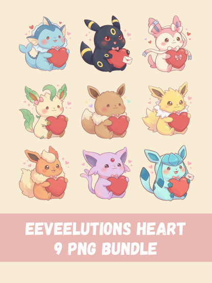 Eeveelutions Love PNG Pack, 9 Eevee Evolutions, Chibi Cute Kawaii Clipart, Valentine Hearts, Anime PNG, Digital Download