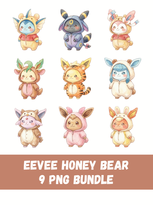 Eeveelutions Honey Bear Costumes PNG Pack, 9 Eevee Evolutions, Chibi Kawaii Clipart, Digital Download