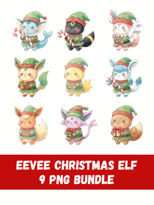 Eeveelutions Elf PNG Bundle, Christmas Pokémon Clipart, Cute Watercolor Kawaii Elf PNG, Holiday Digital Download