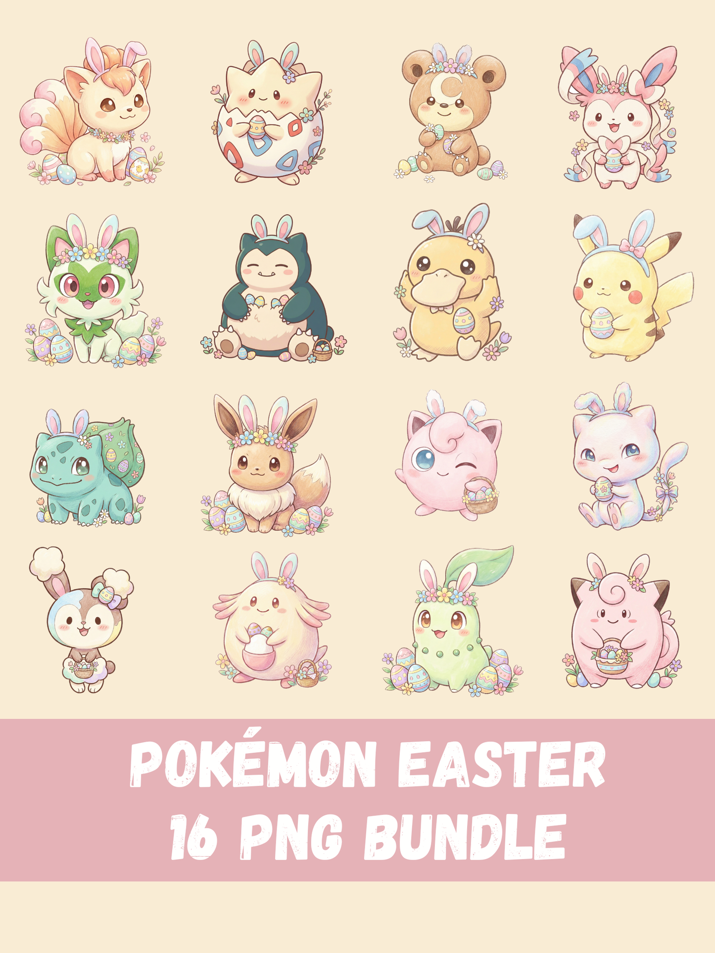 Easter Pokémon PNG Bundle, 16 Chibi Cute Kawaii Clipart, Spring Pokemon PNG, Bunny Egg Digital Download, Sublimation Sticker Art