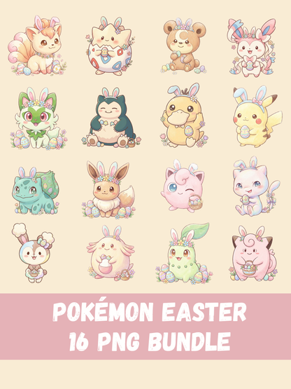 Easter Pokémon PNG Bundle, 16 Chibi Cute Kawaii Clipart, Spring Pokemon PNG, Bunny Egg Digital Download, Sublimation Sticker Art