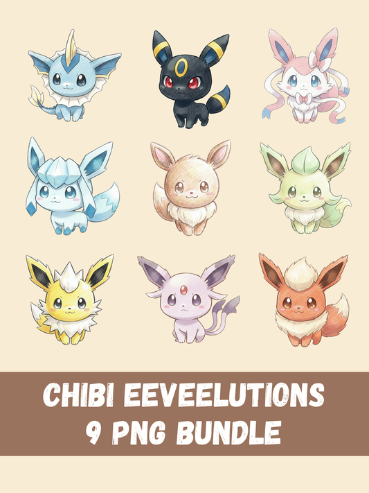 Pokémon Eeveelutions Colored Pencil PNG Bundle, 9 Cute Eevee Evolutions, Kawaii Pencil Art, Digital Download
