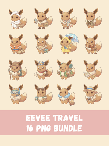 Eevee Travel PNG Pack, 16 Travel Eevee Designs, Chibi Cute Kawaii Clipart, Vacation Adventure, Anime PNG, Digital Download