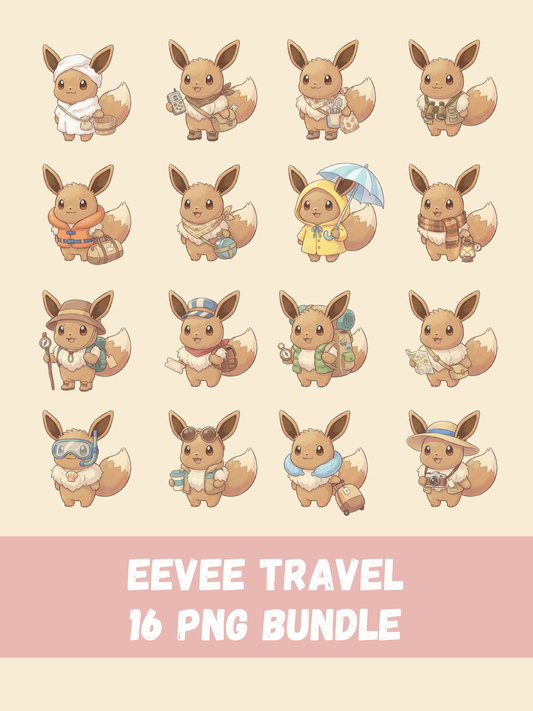 Eevee Travel PNG Pack, 16 Travel Eevee Designs, Chibi Cute Kawaii Clipart, Vacation Adventure, Anime PNG, Digital Download