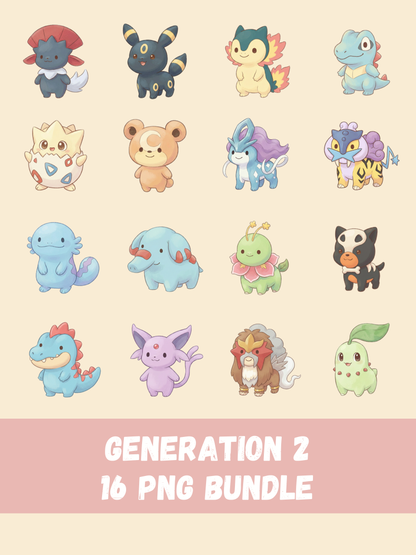 Popular Gen 2 Pokémon PNG Pack, 16 Fan Favorite Johto Pokémon, Chibi Cute Kawaii Clipart, Anime PNG, Digital Download