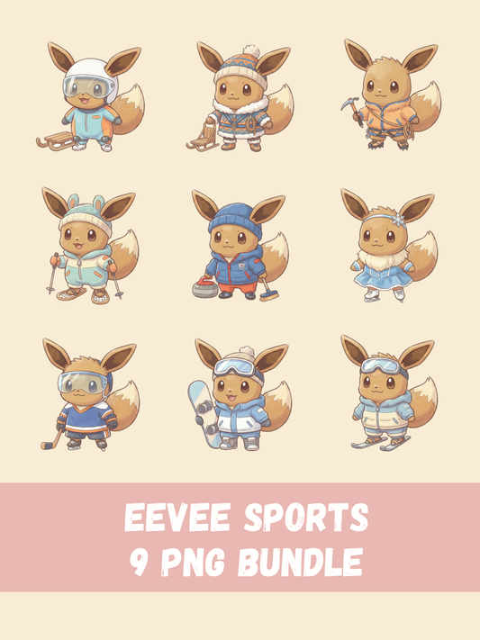 Eevee Winter Sports PNG Pack, 9 Eevee Sports, Chibi Cute Kawaii Clipart, Winter Athlete Outfits, Anime PNG, Digital Download