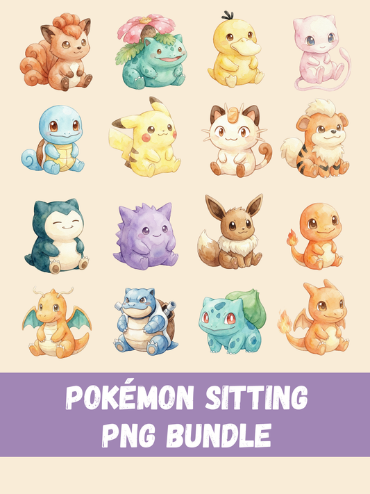 Watercolor Pokemon Sitting PNG Bundle, 16 Cute Kawaii Designs, Soft Hand Painted Clipart, Transparent PNG, Instant Download