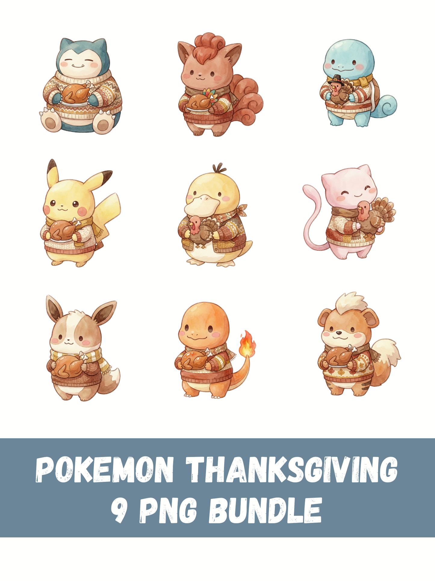 Gen 1 Thanksgiving PNG Bundle, 16 Popular Kanto Pokémon Clipart, Cute Watercolor Kawaii Fall PNG, Digital Download