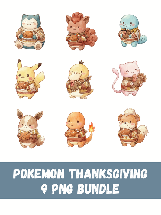 Gen 1 Thanksgiving PNG Bundle, 16 Popular Kanto Pokémon Clipart, Cute Watercolor Kawaii Fall PNG, Digital Download