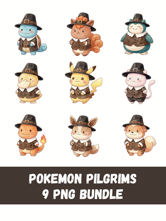 Gen 1 Pilgrims PNG Bundle, Thanksgiving Outfit Kanto Pokémon Clipart, Cute Watercolor Kawaii Fall PNG, Digital Download