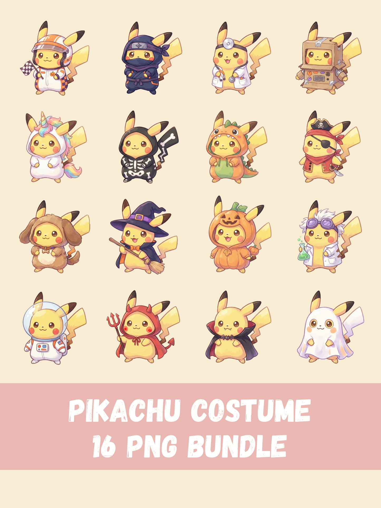 Pikachu Costume PNG Pack, 16 Pikachu Costumes, Chibi Cute Kawaii Clipart, Dress Up Outfits, Anime PNG, Digital Download