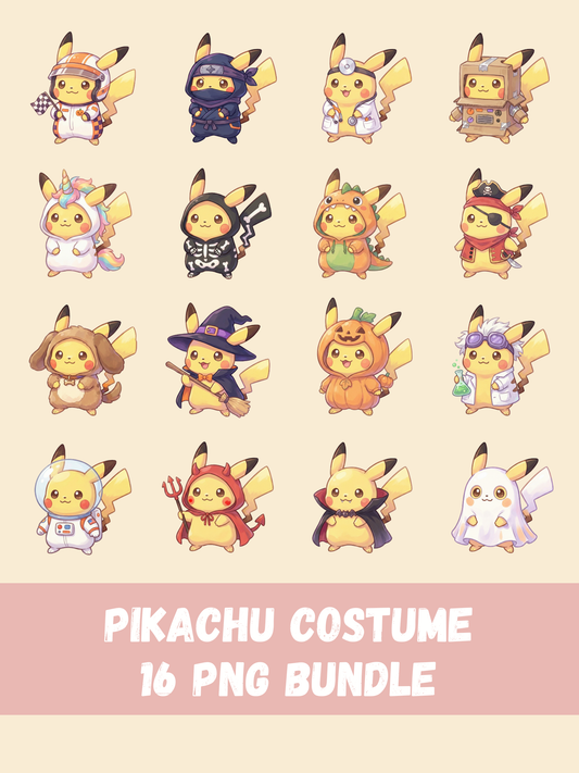 Pikachu Costume PNG Pack, 16 Pikachu Costumes, Chibi Cute Kawaii Clipart, Dress Up Outfits, Anime PNG, Digital Download